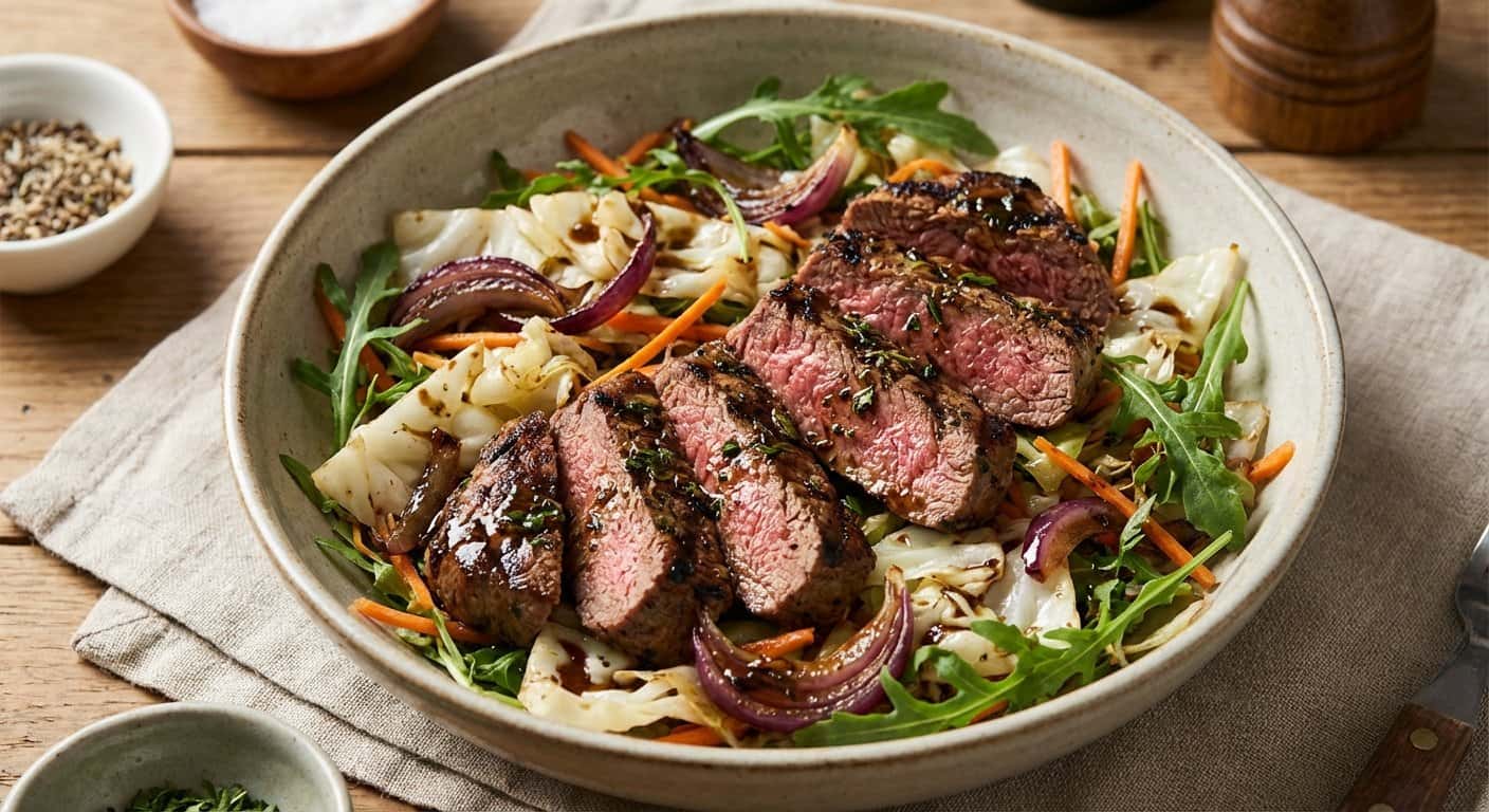 Ensalada templada de ternera a la plancha con repollo y cebolla morada