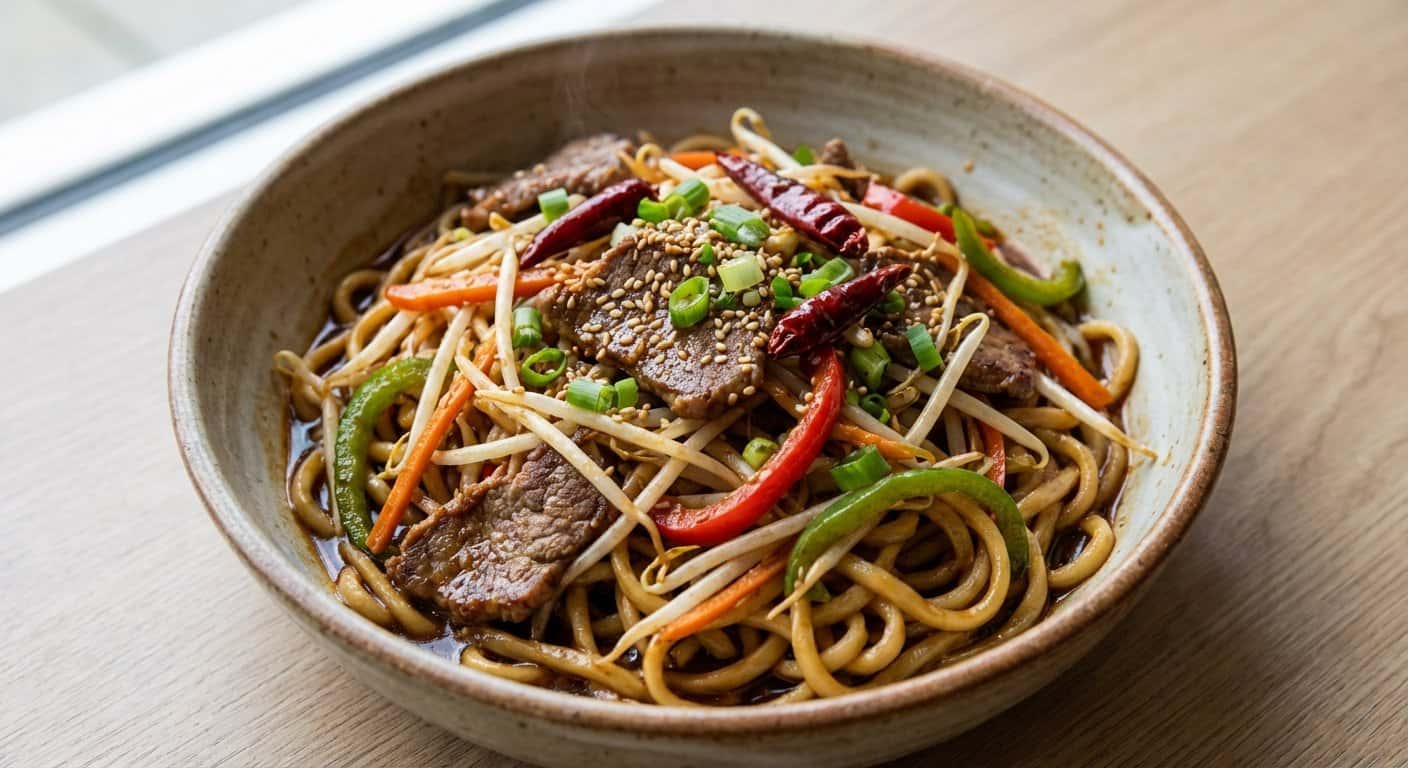 Fideos Hunan con Cordero, Brotes de Soja y Salsa de Ostras