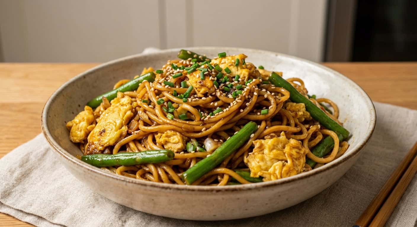 Fideos Hunan con Huevo, Judías Verdes y Salsa de Ostras