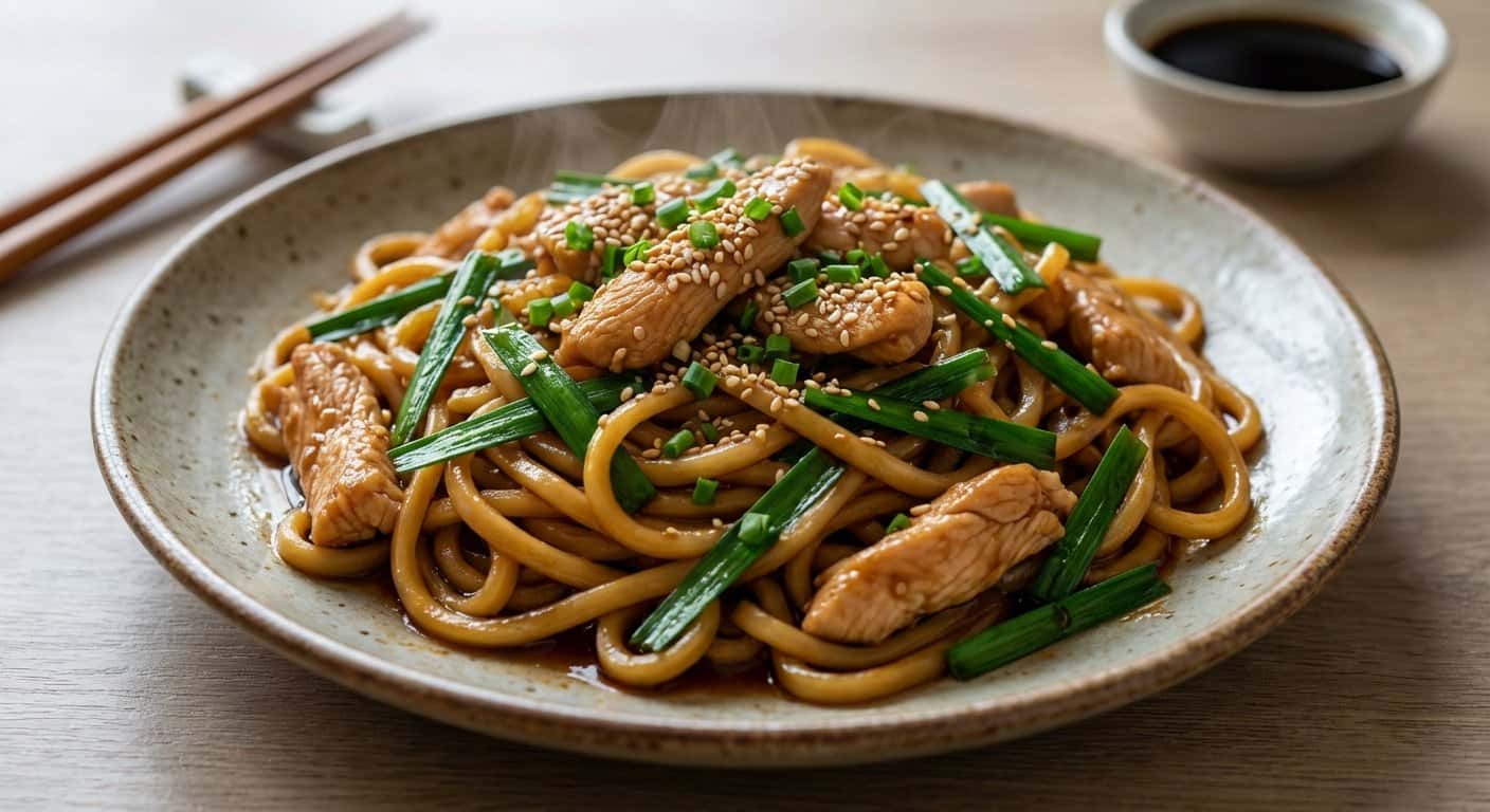 Fideos Pekín con Pollo, Cebollino y Salsa de Soja