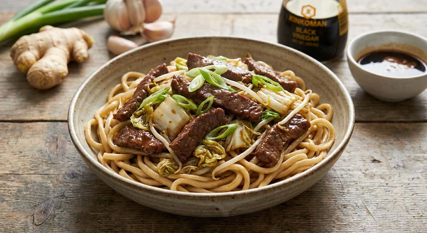 Fideos Pekín con Ternera, Col China y Vinagre Negro