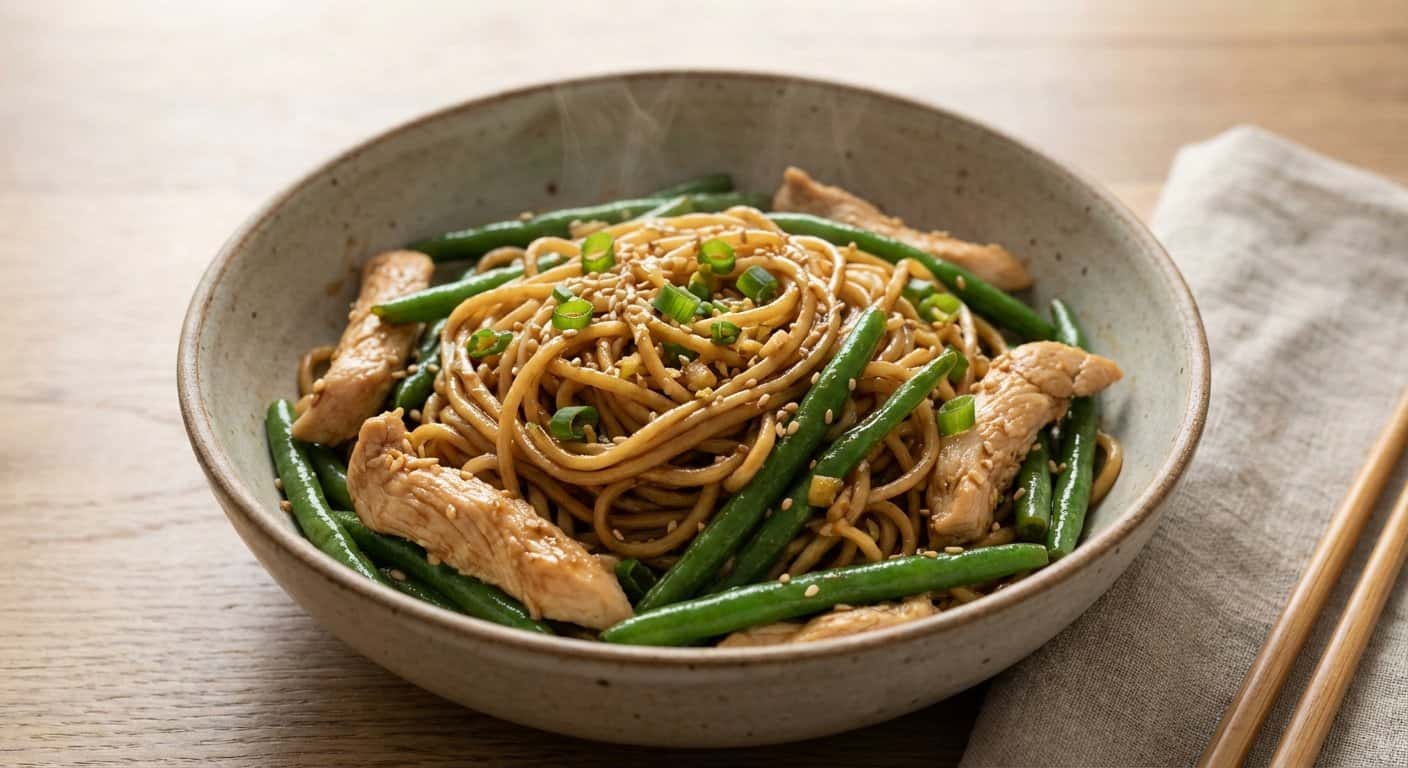 Fideos Shanghainesa con Pollo, Judías Verdes y Vinagre Negro