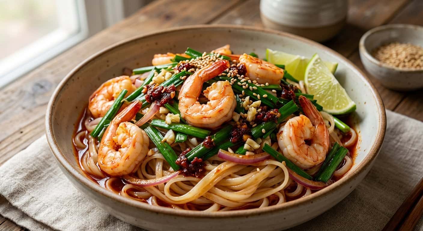 Fideos Taiwaneses con Gambas, Cebollino y Salsa de Chili