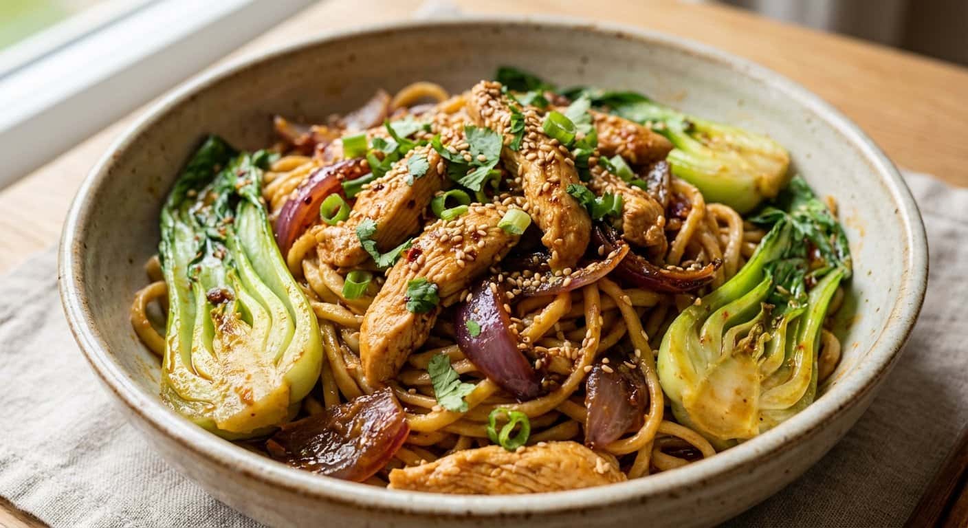 Fideos Xinjiang con Pollo, Pak Choi y Salsa de Sésamo