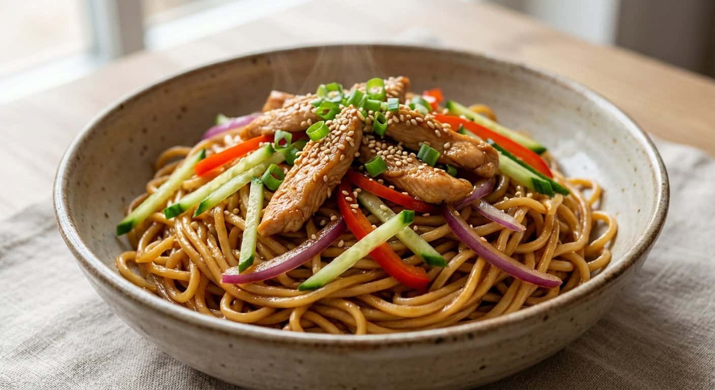 Fideos Xinjiang con Pollo, Pepino y Salsa Hoisin