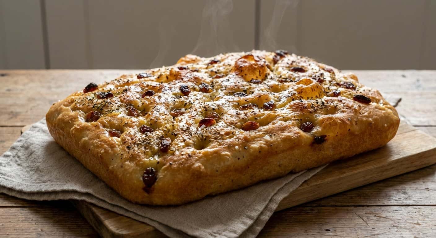 Focaccia con orégano y pasas