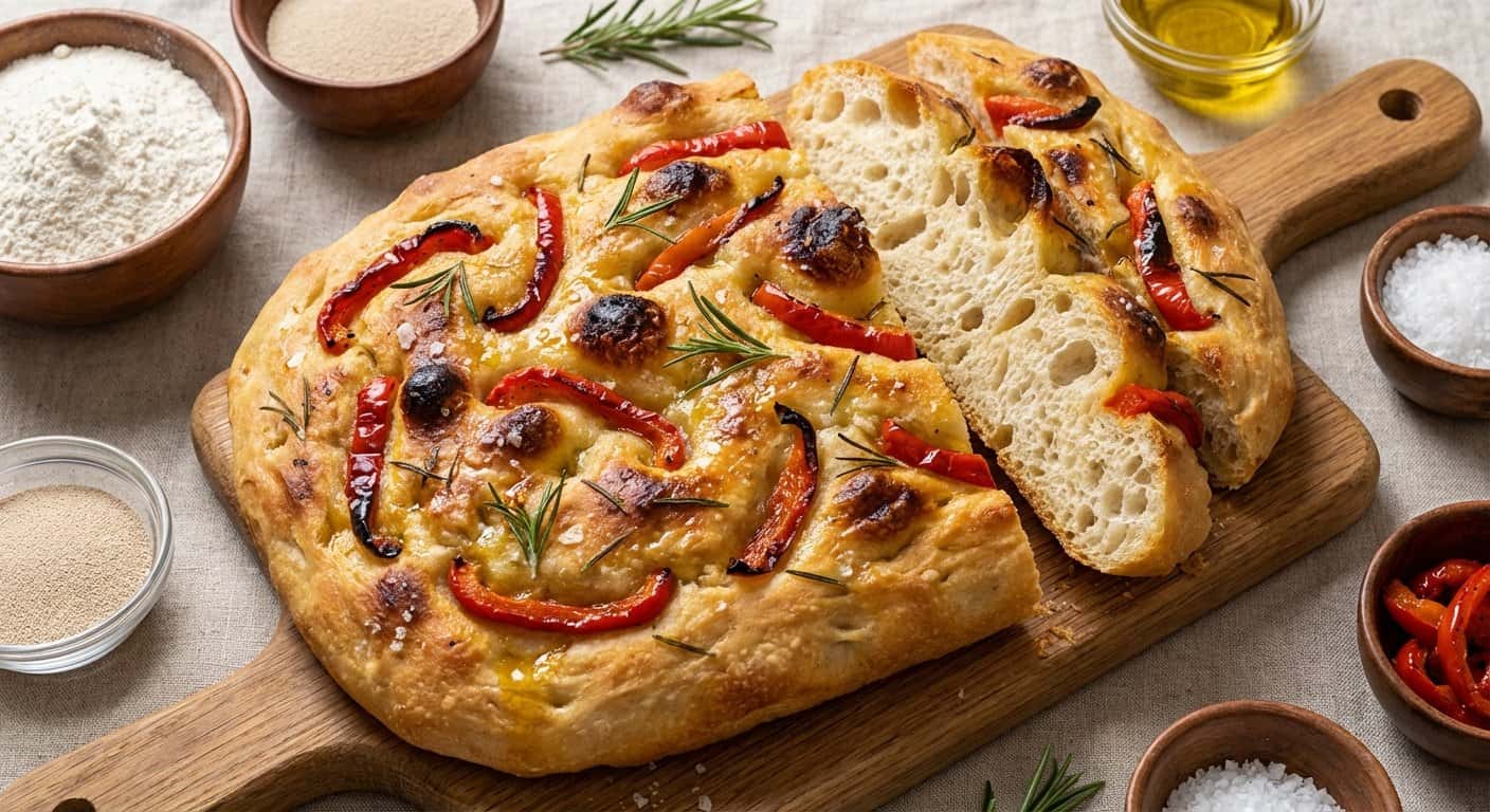 Focaccia con Romero y Pimientos Asados