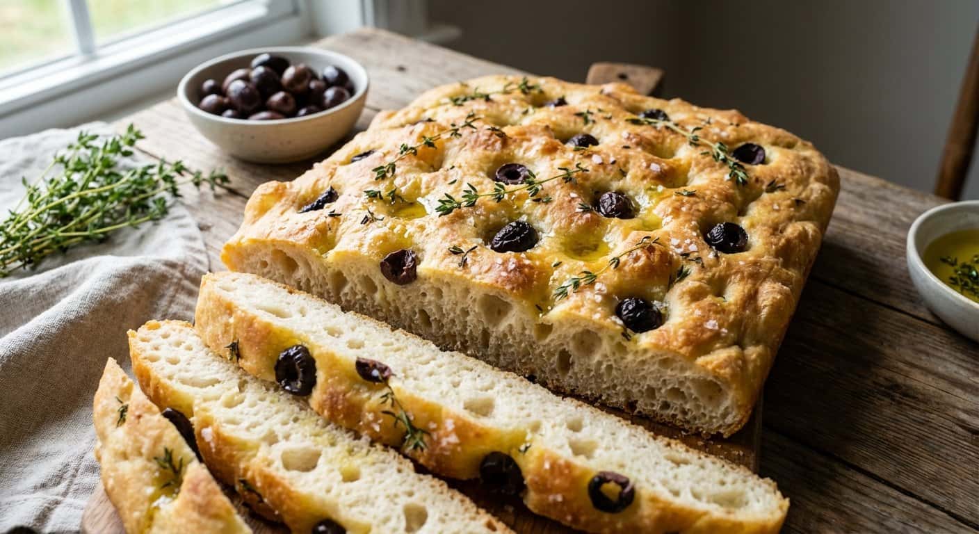 Focaccia con Tomillo y Aceitunas