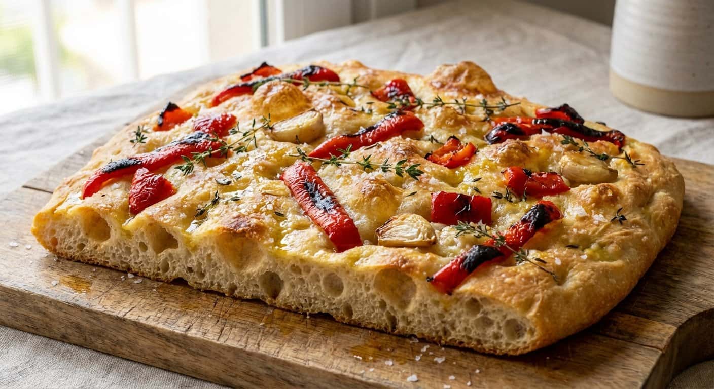 Focaccia con Tomillo y Pimientos Asados