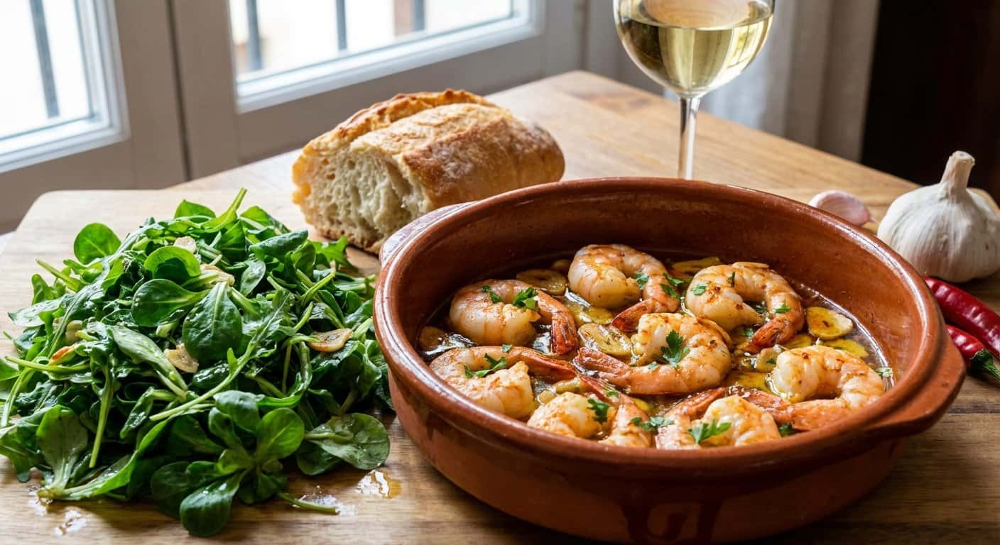 Gambas al Ajillo con Brotes Salteados
