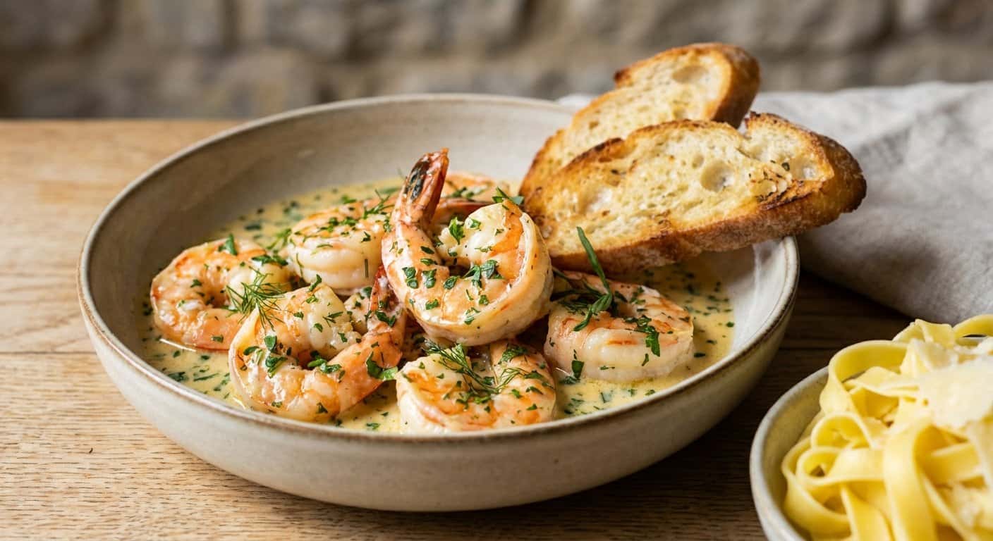 Gambas con mantequilla y hierbas con salsa de nata