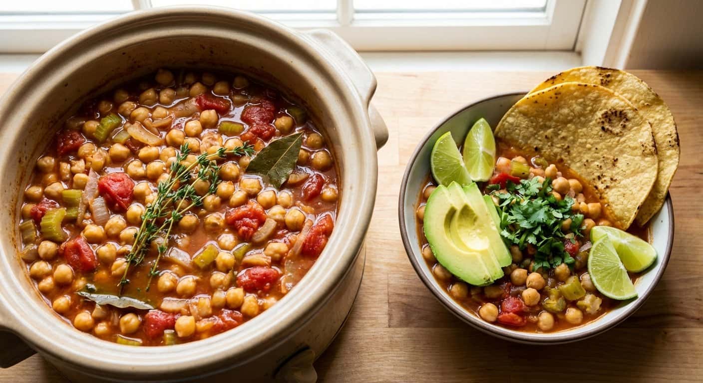 Garbanzos al estilo Tex-Mex con apio y tomillo en slow cooker