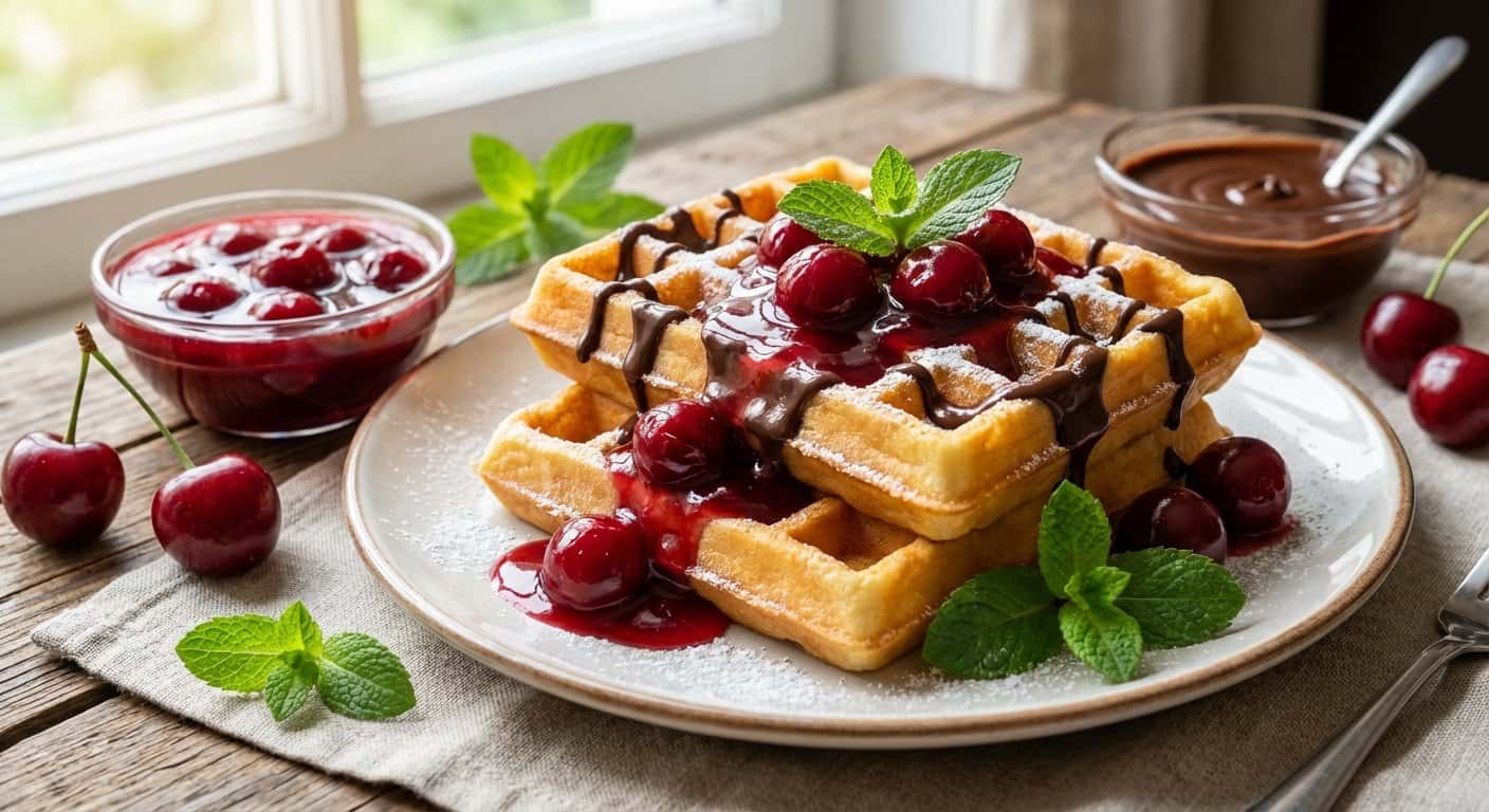 Gofres con cereza y chocolate negro