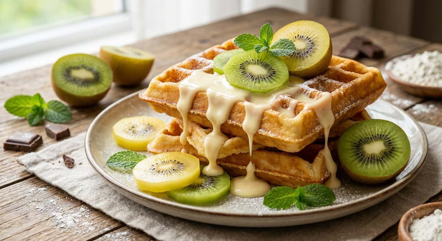 Gofres con kiwi y chocolate blanco