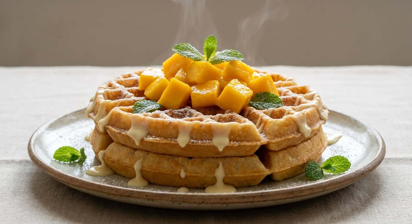 Gofres con mango y chocolate blanco