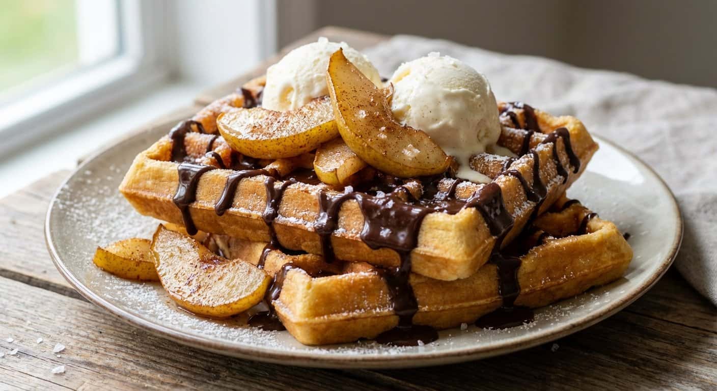 Gofres con pera y chocolate negro