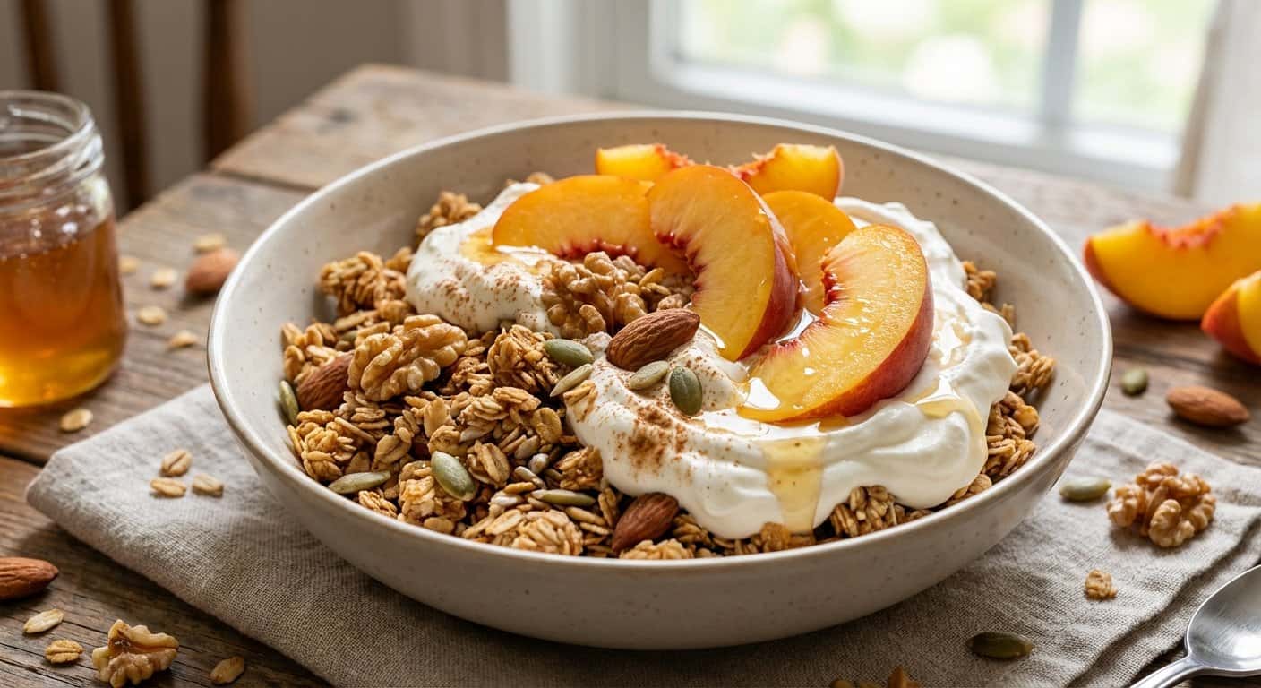 Granola Casera con Nata y Melocotón