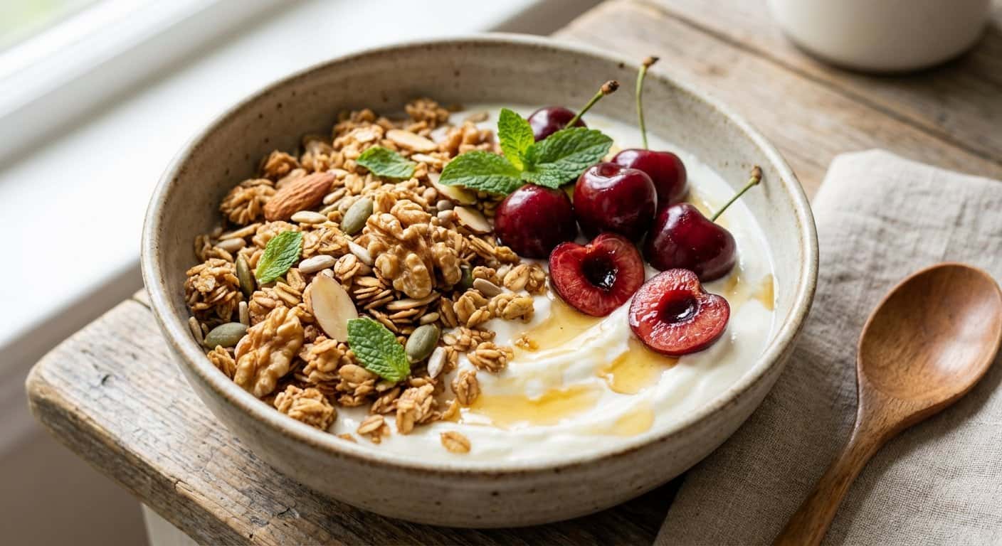 Granola Casera con Yogur y Cerezas