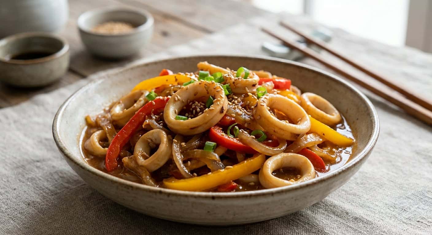 Guiso Cantonesa de Calamar con Pimiento y Salsa de Sésamo