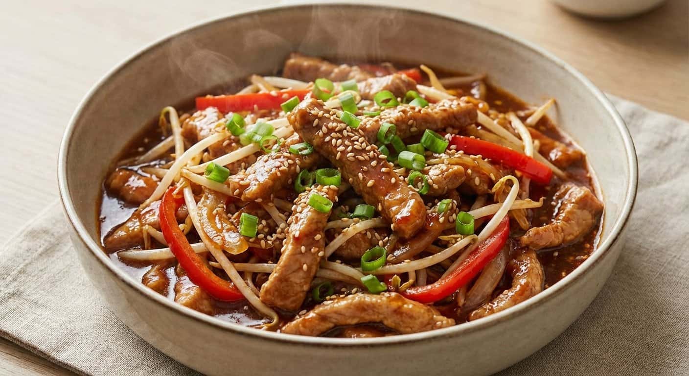 Guiso Cantonesa de Cerdo con Brotes de Soja y Salsa de Chili