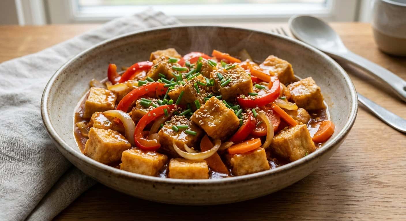Guiso Cantonesa de Tofu con Cebollino y Salsa Agridulce