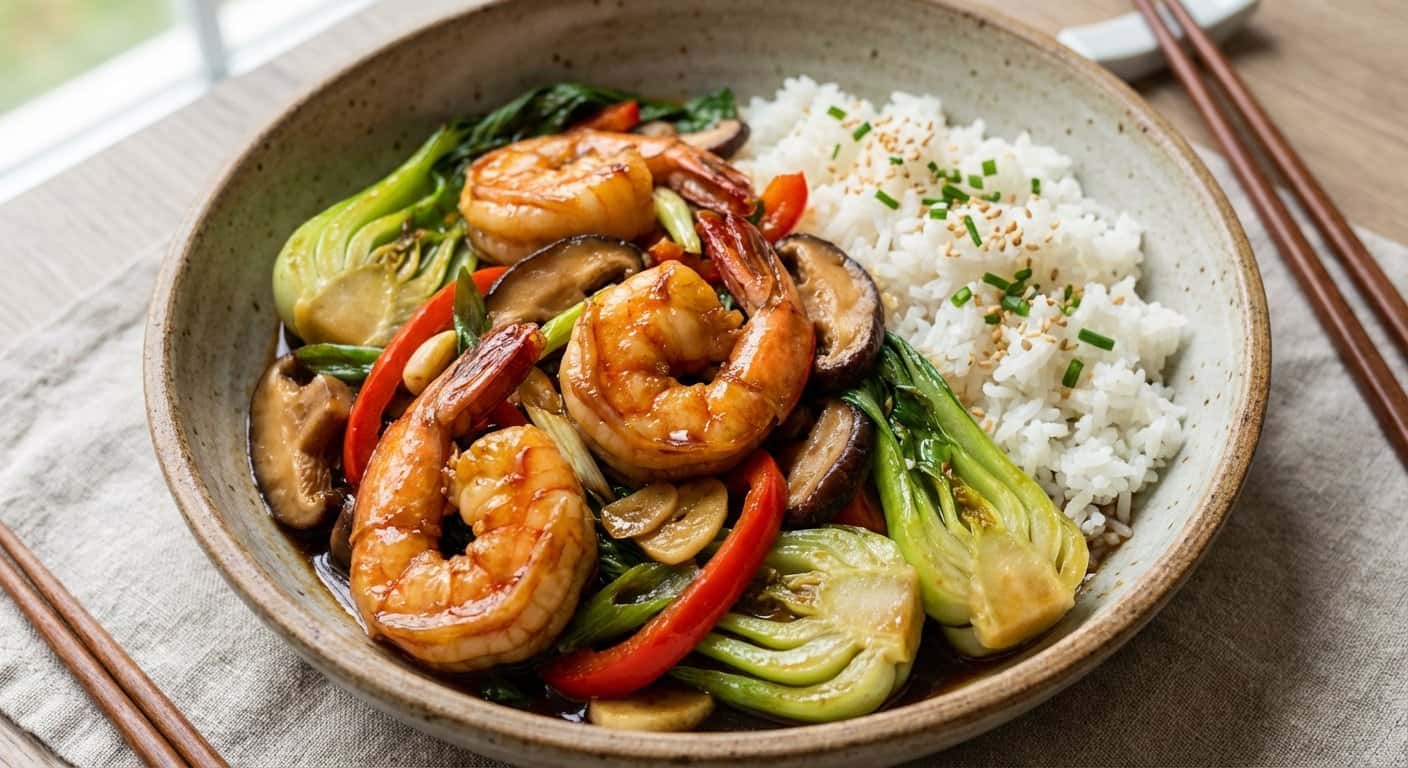 Guiso Fujian de Gambas con Pak Choi y Vinagre Negro