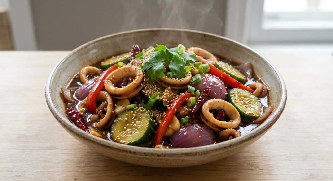 Guiso Hunan de Calamar con Pepino y Salsa Hoisin