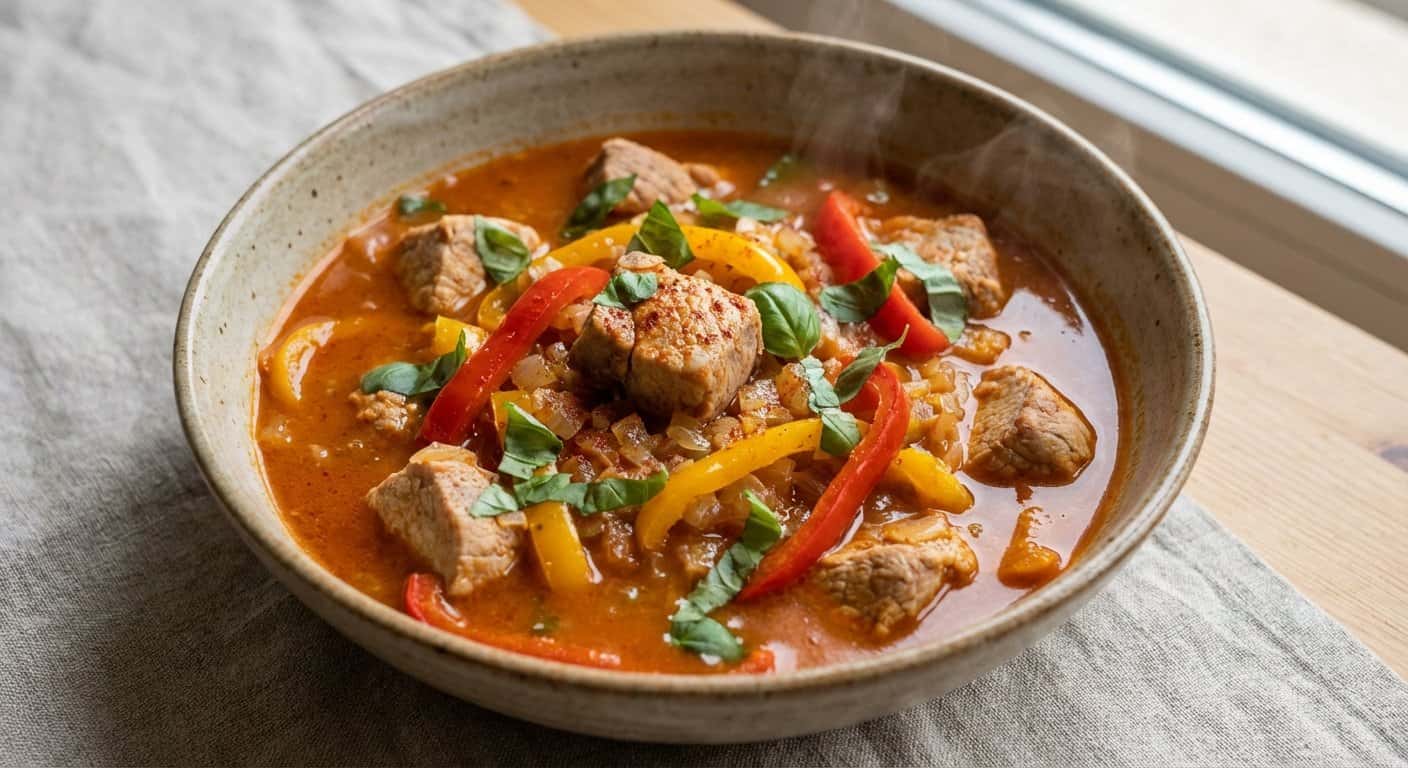 Guiso Ligero de Cerdo con Pimientos y Albahaca