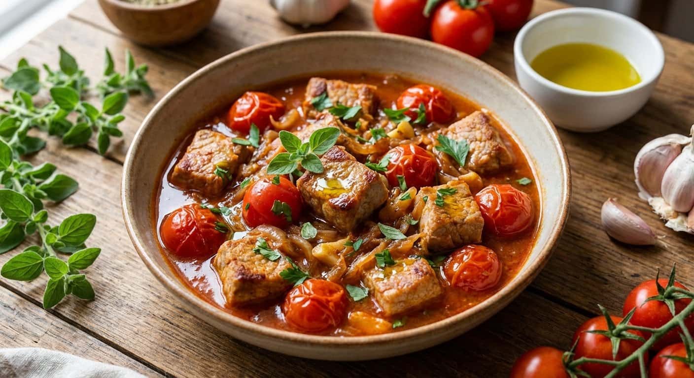 Guiso Ligero de Cerdo con Tomate Cherry y Orégano