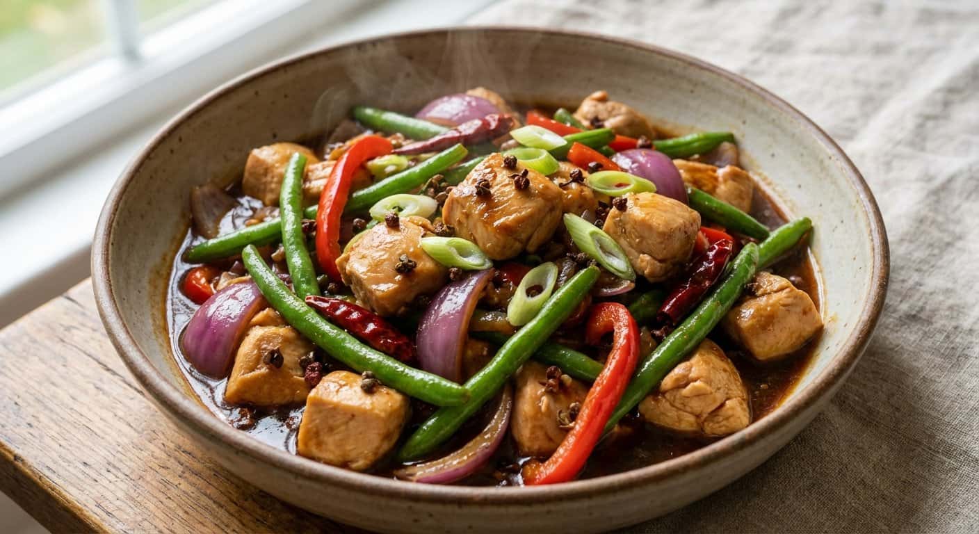 Guiso Sichuan de Pollo con Judías Verdes y Vinagre Negro