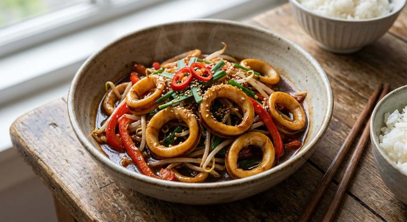Guiso Taiwanés de Calamar con Cebollino y Salsa Hoisin
