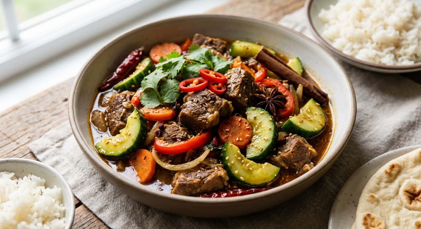 Guiso Xinjiang de Cordero con Pepino y Salsa de Ostras