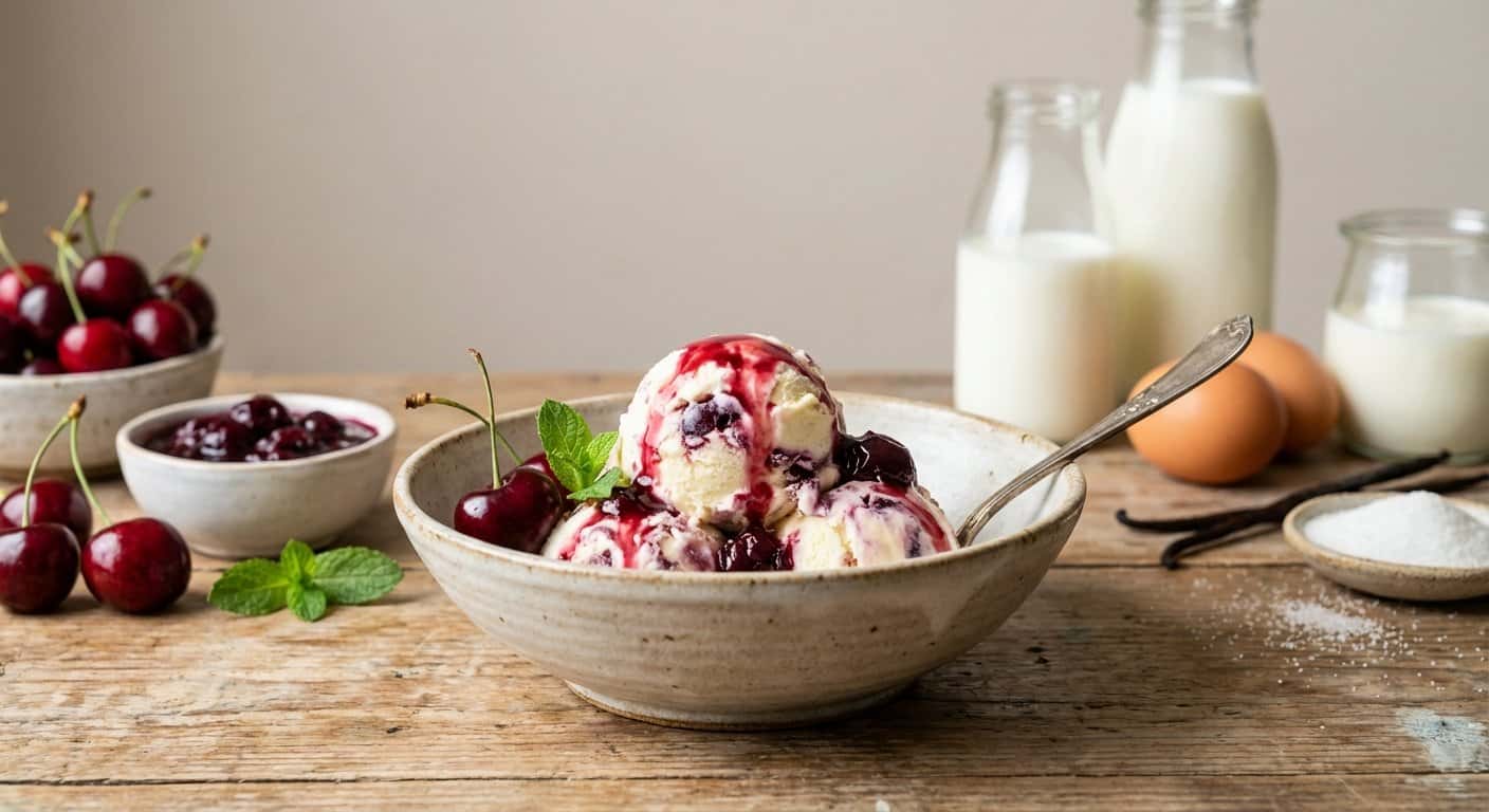 Helado casero de leche y cereza