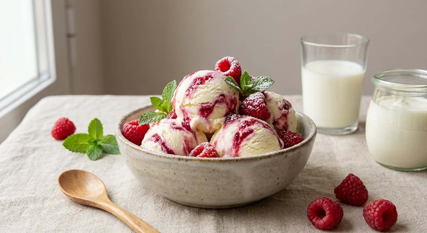 Helado Casero de Leche y Frambuesa