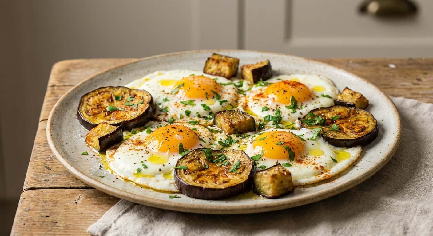 Huevos a la plancha con berenjena