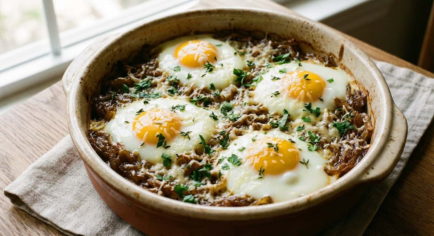 Huevos al Horno con Cebolla Caramelizada