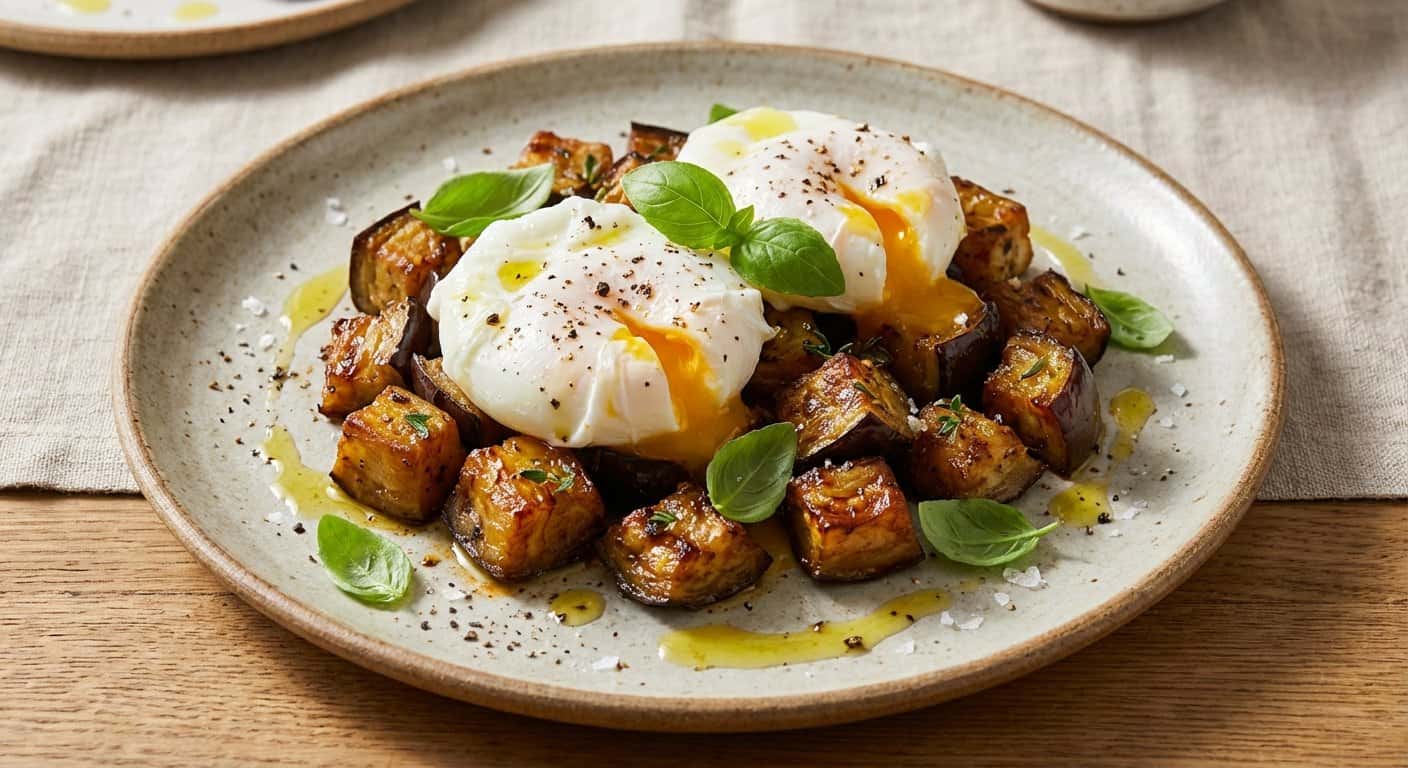 Huevos Pochados con Berenjena Asada