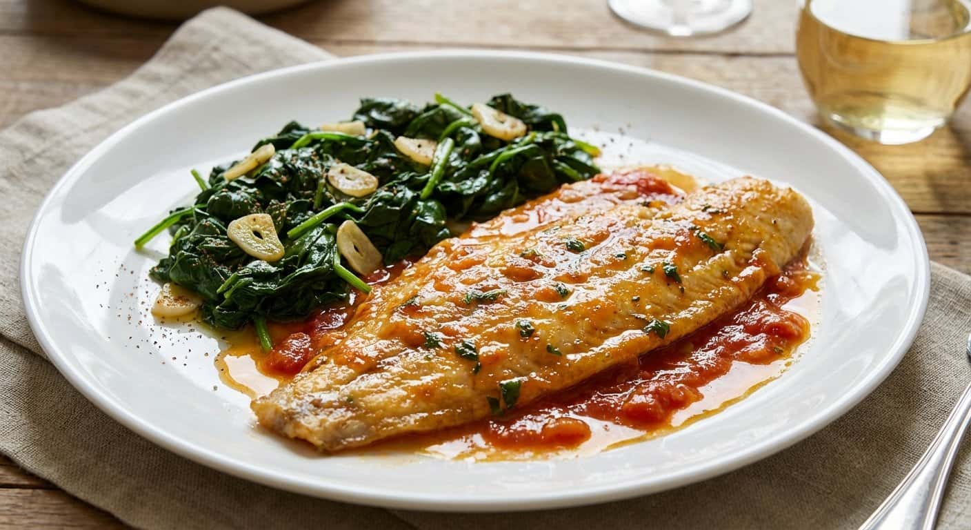 Lenguado a la Marinera con Espinacas Salteadas