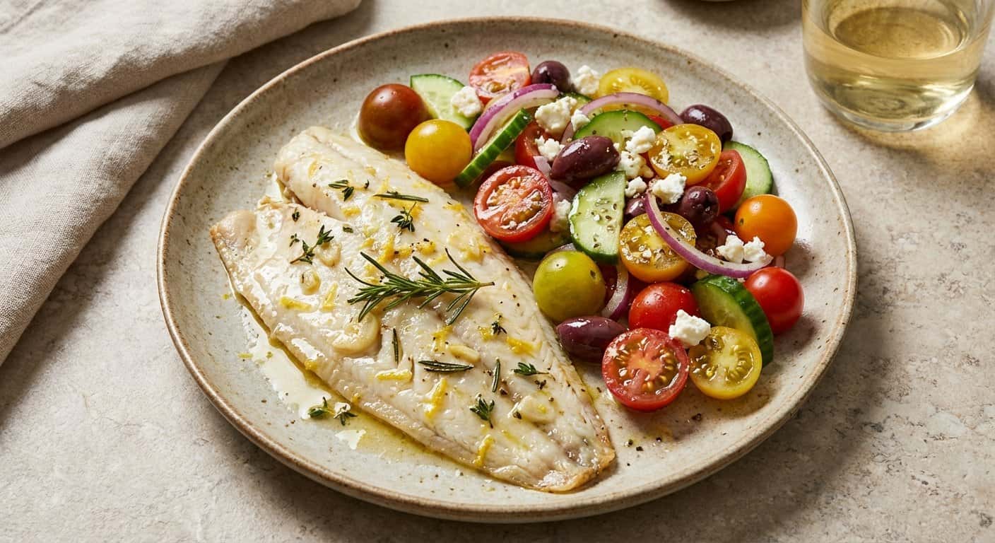 Lenguado al estilo mediterráneo con ensalada fresca