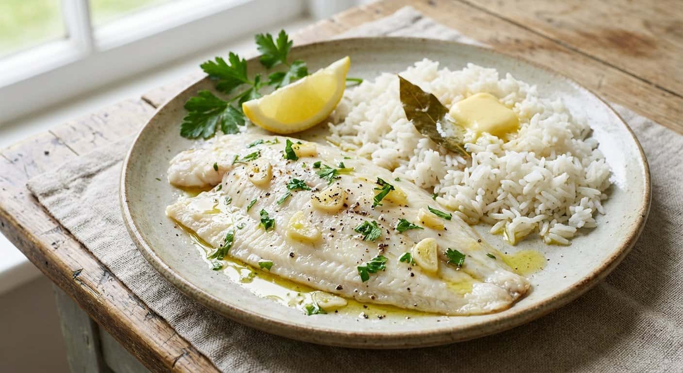 Lenguado al vapor con arroz blanco