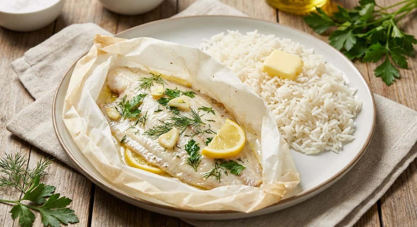 Lenguado en Papillote con Arroz Blanco