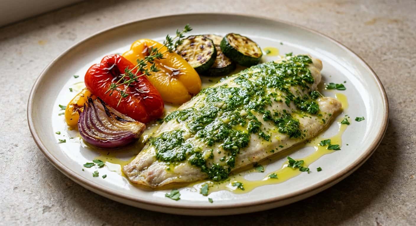 Lenguado en salsa verde con verduras asadas