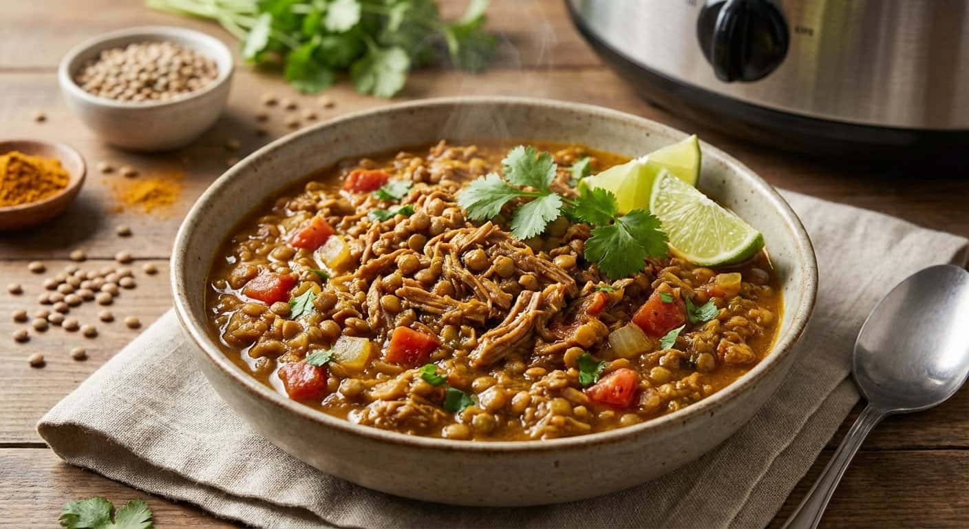 Lentejas Desmenuzadas Estilo Pulled con Salsa Curry en Slow Cooker