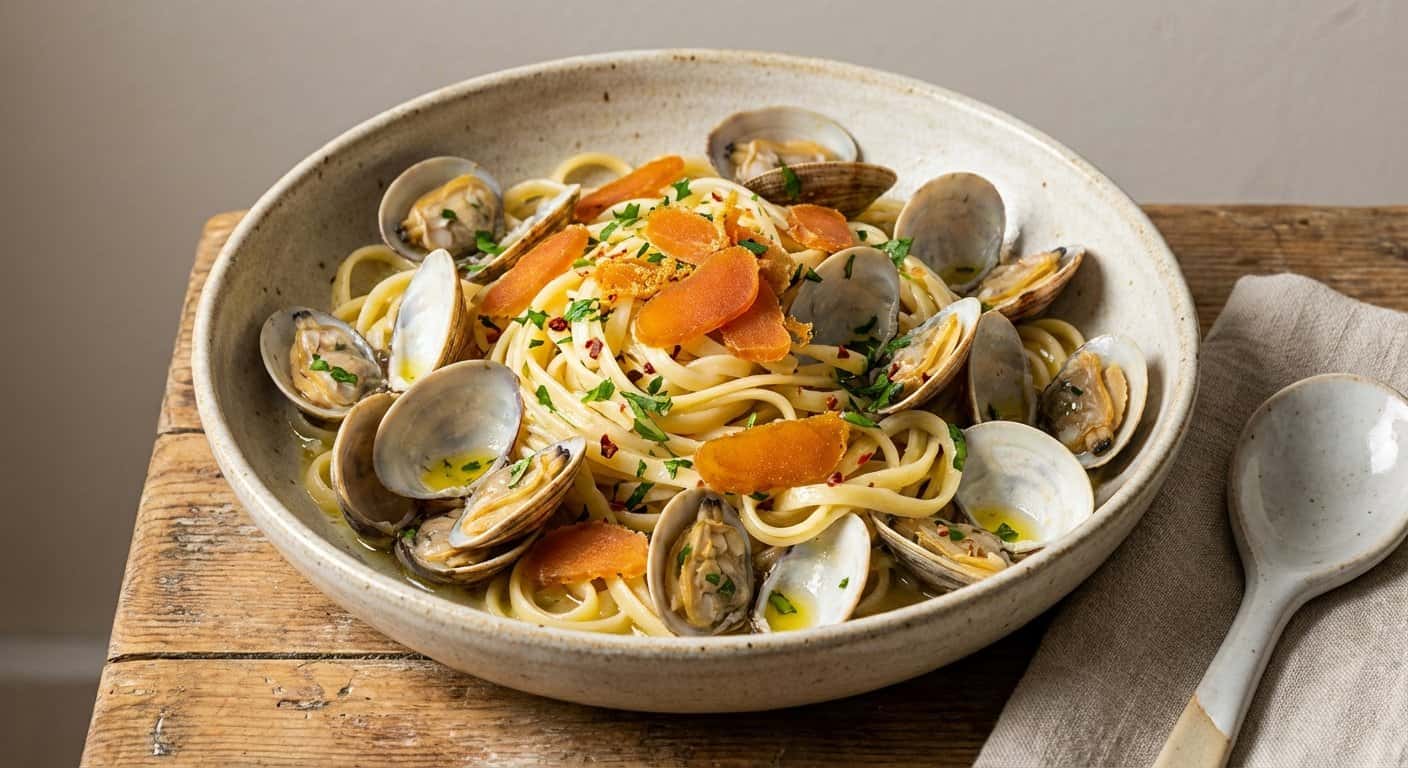 Linguini con almejas y bottarga