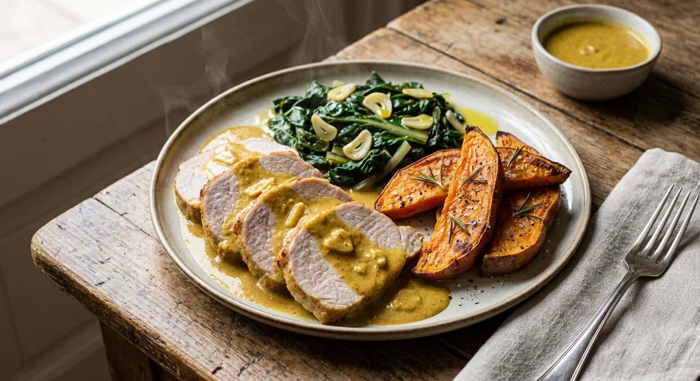 Lomo de cerdo al curry suave con acelgas y boniato asado