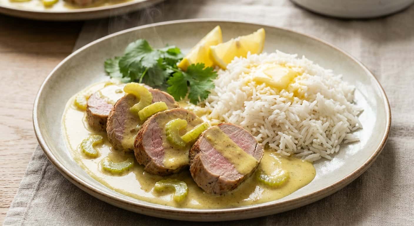 Lomo de cerdo al curry suave con apio y arroz basmati