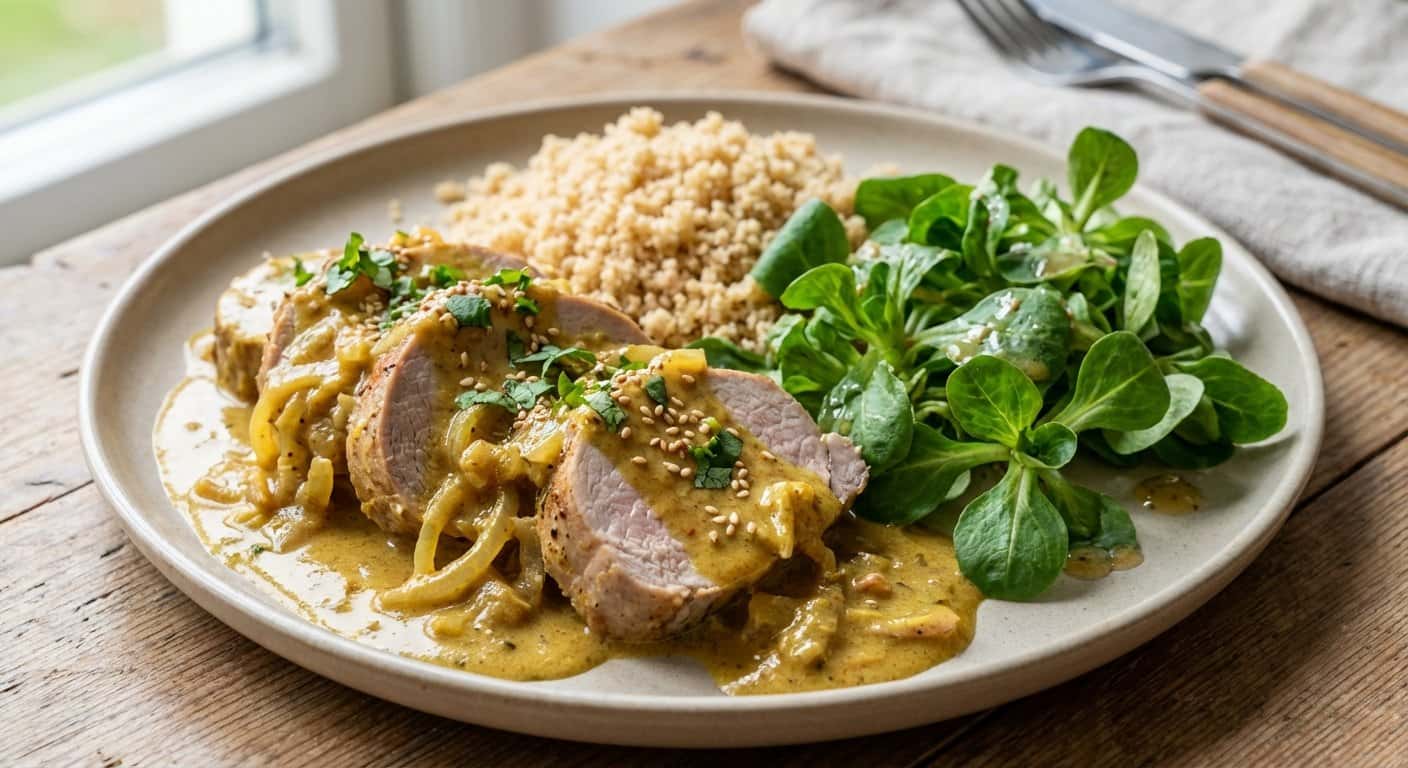Lomo de cerdo al curry suave con canónigos y cuscús integral
