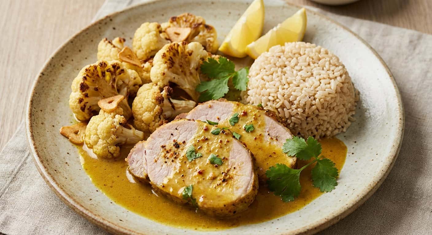 Lomo de cerdo al curry suave con coliflor y arroz integral