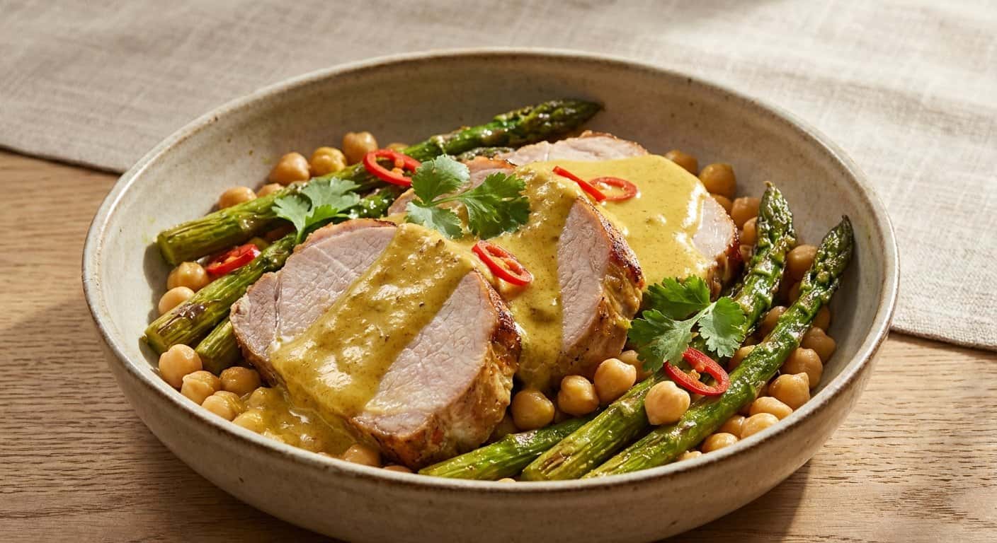 Lomo de cerdo al curry suave con espárragos y garbanzos