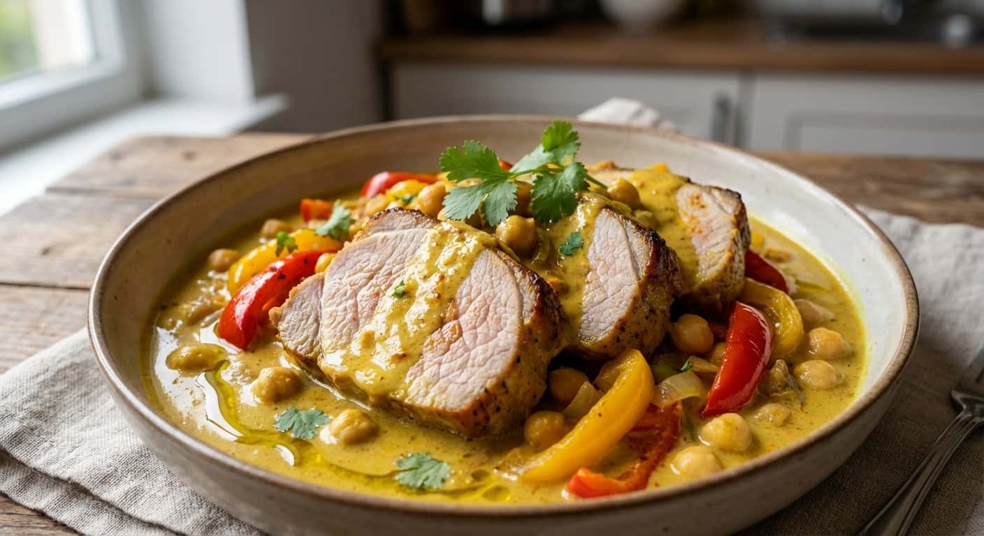 Lomo de cerdo al curry suave con pimientos y garbanzos